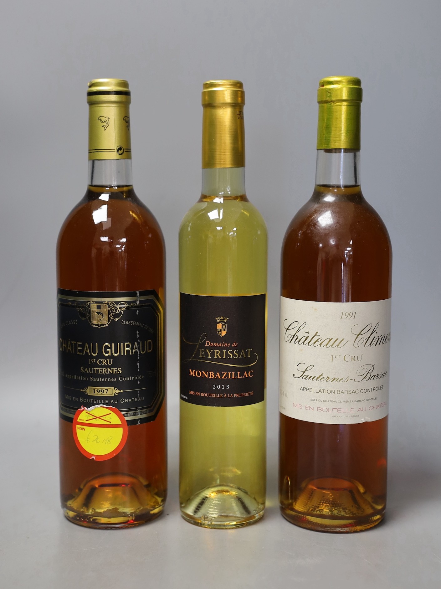 Twelve bottles of 1991 Chateau Climens Barsac, together with three bottles of 1997 Château Guiraud, and three bottles of Domaine de Eyrissat (18)